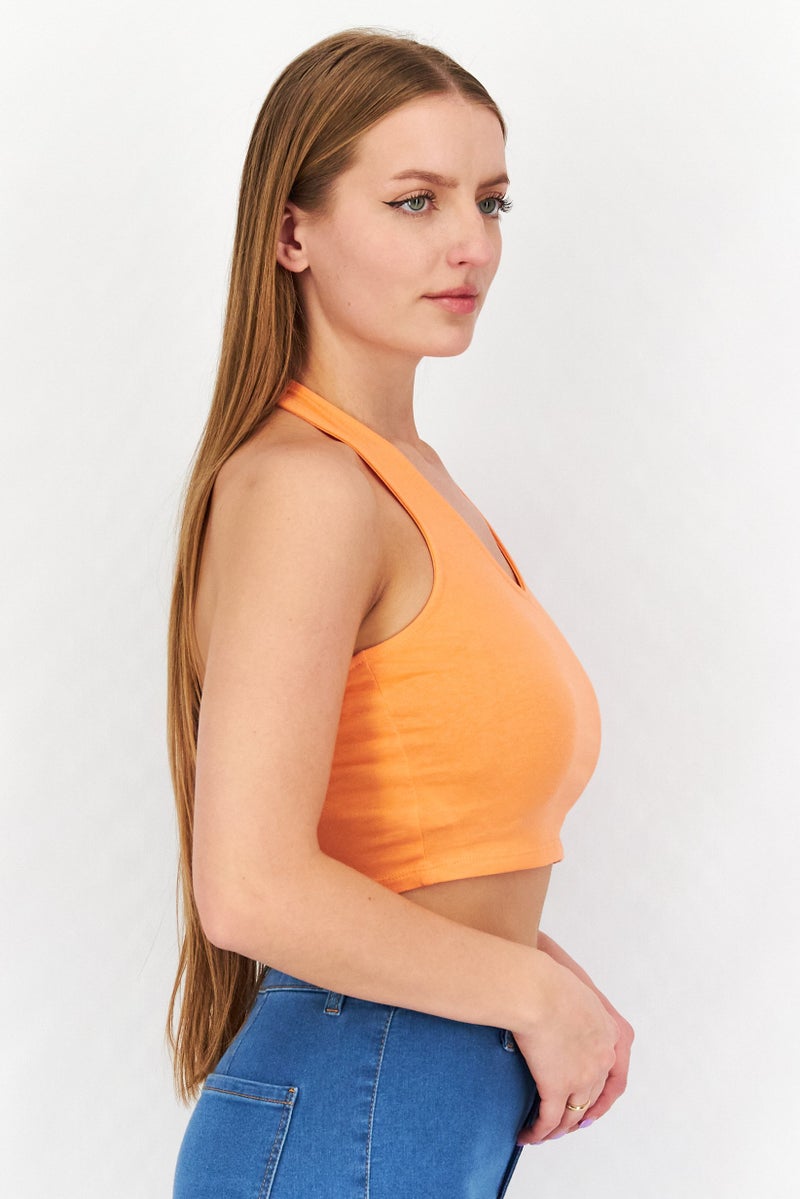 Sinsay Women Halter Neck Sleeveless Solid Top, Orange - Image 4